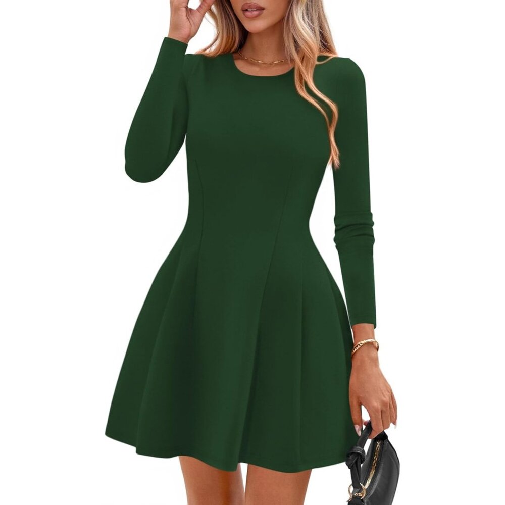 Long Sleeve Green Mini Dress Women Fall 2025 Crewneck Line Babydoll Casual